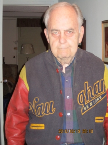 A close-up of Ron Good, wearing his senior jacket. 