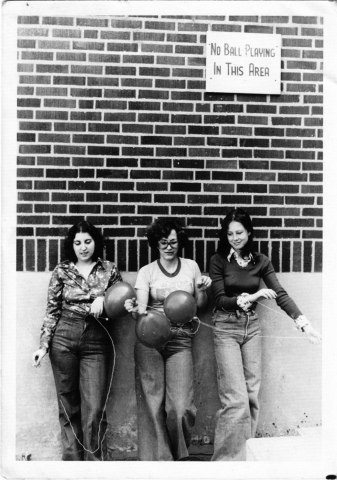 No ball playing in the smoke-stack area: Jo Lampert, Katie Pellizzari, Elizabeth Cinello, 1977