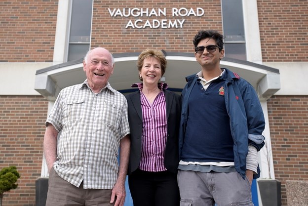 Jack Parker, chair of Vaughan Road alumni association (left), Norma Meneguzzi Spall, chair of farewell tribute committee and Drew Barot, Grade 12 student at Vaughan Road Academy met with other alumni committee members to organize a farewell event happenin